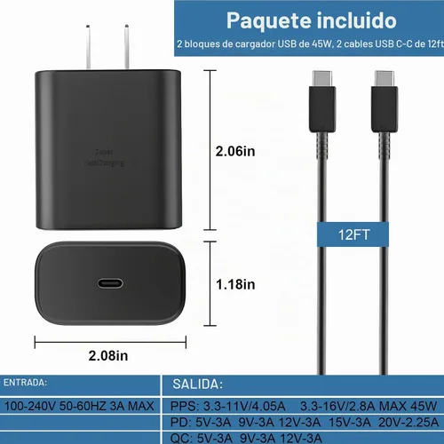Vista 7 de Cargador USB C súper rápido de 45 W, bloque de cargador USB C de 45 vatios con cable de carga rápida de teléfono Android de 12 pies para Samsung