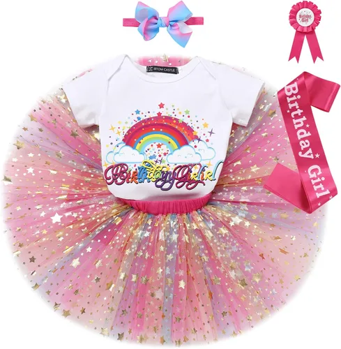 Vista 3 de IDOPIP Conjunto de 5 piezas de ropa para bebé con diseño de arco iris para 1er 2 3 cumpleaños para niña