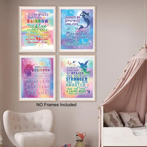 Vista 4 de Pósteres de decoración de pared de unicornio arcoíris para habitación de niñas, decoración de dormitorio de sirena de hada para habitación de niñas