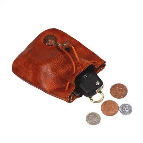 Vista 5 de Monedero medieval de piel auténtica, organizador de monedas, soporte para cambios, bolsa pequeña de cuero con cordón para hombres y mujeres, Marrón