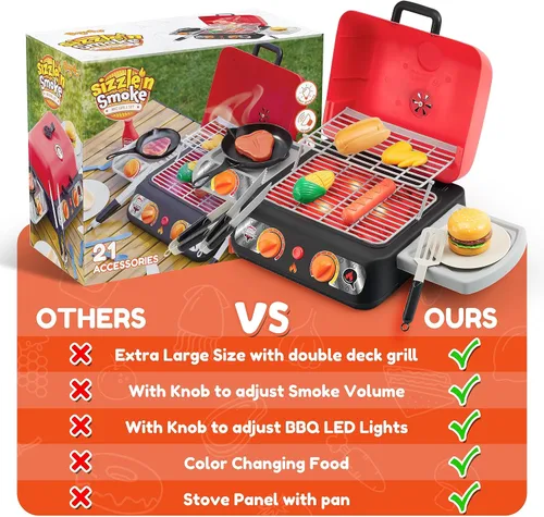 Vista 7 de Juego de parrilla para barbacoa para niños, juego de juguetes de cocina con humo de simulación, luz, sonido y alimentos que cambian