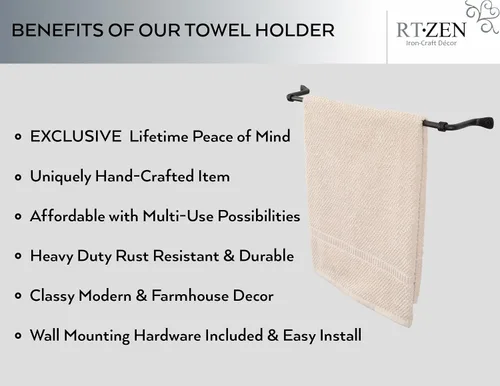 Vista 2 de RTZEN Farmehouse Soporte para Toallas de Baño - Barra Vara para Toallas de Hierro Forjado Metal Mate Negro para Montaje en Pared - Barra Colgante