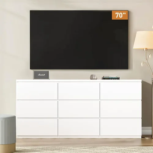 Vista 6 de Armario de almacenamiento de 9 cajones, cómoda blanca moderna de 63 pulgadas, organizador de consola de TV con diseño de cajón deslizante