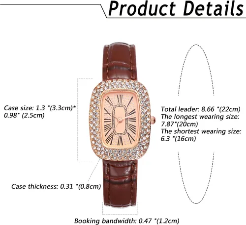 Vista 7 de Avaner Reloj rectangular para mujer, reloj analógico de cuarzo con diamantes de imitación, reloj cuadrado con correa de cuero, Marrón, Moderno