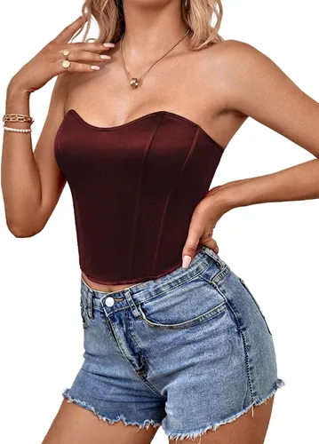 Vista 4 de LYANER Blusa sexy de satén con cuello de corazón para mujer, sin tirantes, corsé