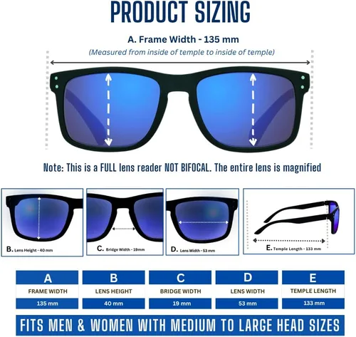 Vista 4 de proSPORT Lentes de sol de lectura para lectores con montura de cuerno con lentes de espejo azul para hombres y mujeres, no bifocales