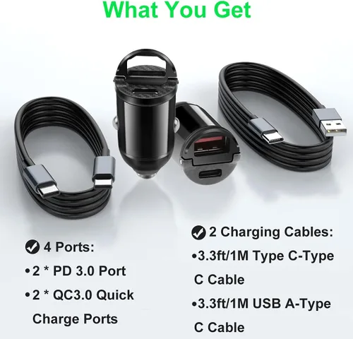 Vista 2 de MTAKYI Paquete de 2 cargadores USB C para automóvil, doble puerto más pequeño de 30 W PD y 30 W QC3.0, adaptador de cargador rápido para automóvil