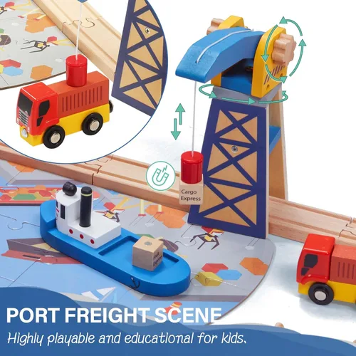 Vista 7 de Giant bean Juego de 117 piezas de tren Busy Port City para niños, juego de vías de tren de madera ampliables y cambiables, juguete grande de Navidad