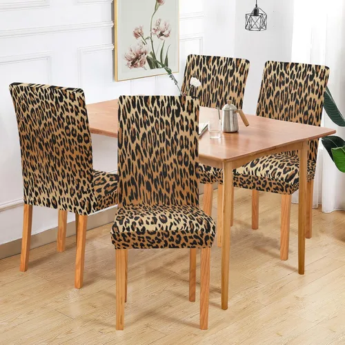 Vista 6 de Juego de 2 fundas elásticas para sillas de comedor con estampado de leopardo a la moda, fundas para sillas de cocina lavables, protector de asiento