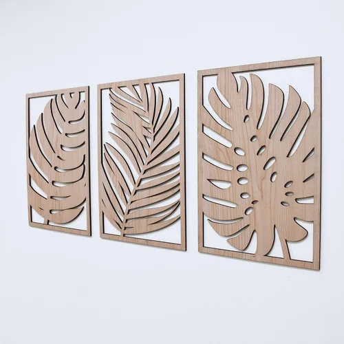 Vista 2 de Juego de 3 paneles de arte de pared de madera con hojas tropicales de Monstera, estilo bohemio, casa de campo moderna