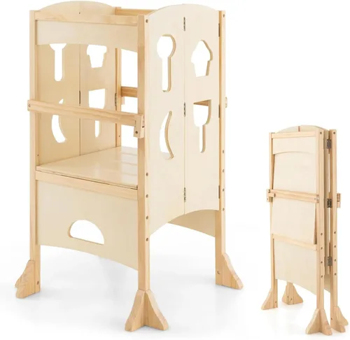 Vista 10 de HONEY JOY Taburete de cocina para niños pequeños, torre de pie de madera con barandilla de seguridad, taburete de aprendizaje plegable Montessori