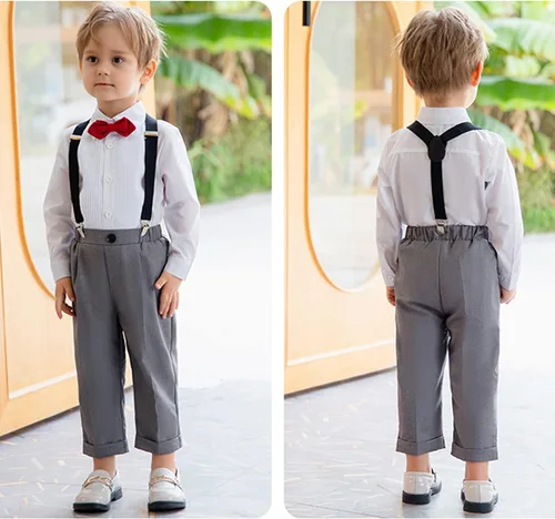 Vista 9 de Pifiko - Ropa de vestir para niño, traje formal para niños, camisa + corbatín + chaleco + pantalones con tirantes para niños