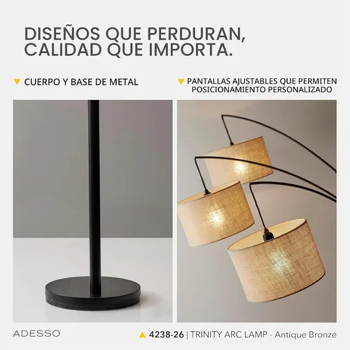 Vista 4 de Adesso Lámpara de pie de arco con 3 pantallas móviles y brillo regulable, iluminación perfecta para dormitorio, sala de estar y decoración de Bronce