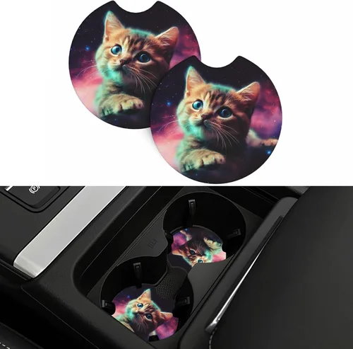Vista 6 de Portavasos para automóvil con estampado de gato Galaxy para portavasos universales antideslizantes, paquete de 2 soportes para tazas, almohadilla