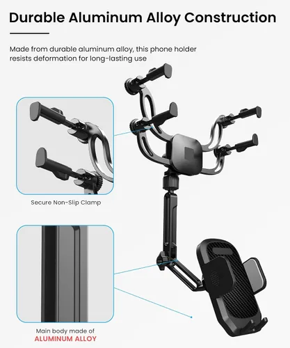 Vista 3 de Soporte para teléfono con espejo retrovisor – Soporte de teléfono de coche con brazo de metal sólido, ajuste universal para iPhone y Android, clip