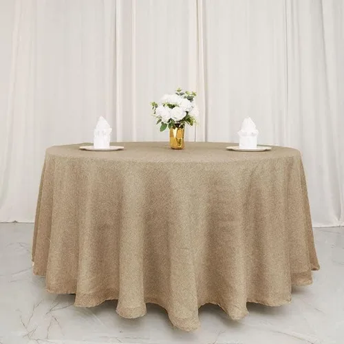 Vista 6 de Balsa Circle Mantel redondo natural de arpillera sintética de 120 pulgadas, recepción, boda, recepción, fiesta, eventos, decoración de catering