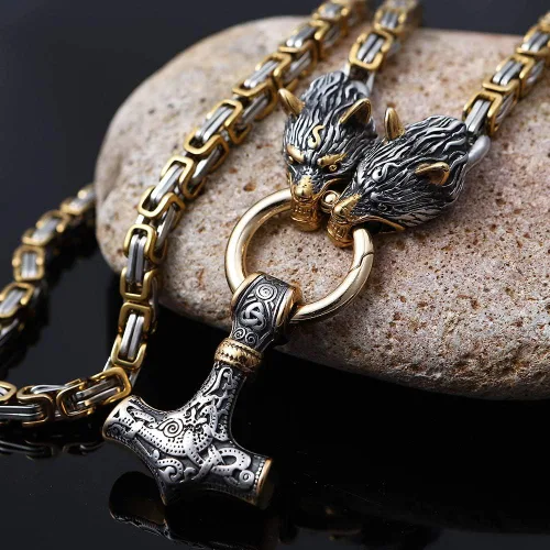 Vista 4 de Collar con colgante de cabeza de lobo Thor Mjolnir Viking Jewelry