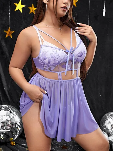 Vista 3 de WDIRARA Lencería de malla para mujer, con bordado floral, con calzón