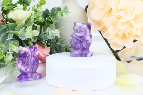 Vista 4 de QINJIEJIE Estatuas de Búho de Amatista de 2 Pulgadas, Figuras de Búhos Decorativas, Cristales de Piedra Tallados, Estatuas de Búhos de Gemas