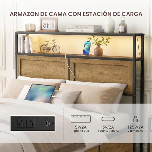 Vista 5 de KISLOT Juego de dormitorio de 3 piezas con almacenamiento, marco de cama con luces LED, marco de cama de metal industrial con estación de carga, 6