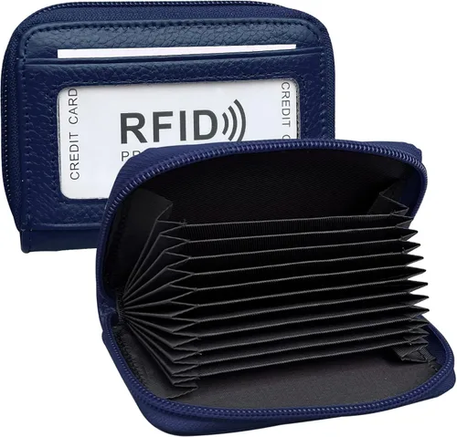 Vista 11 de Billetera de cuero genuino con bloqueo RFID, con soporte para tarjeta de crédito, segura para viajes, Negro, Pequeña, Cartera con cremallera