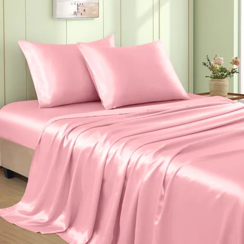 Vista 13 de VACVELT Juego de 3 sábanas de satén color beige tamaño individual, juego de ropa de cama, sábana bajera de satén sedoso con bolsillo profundo de 15