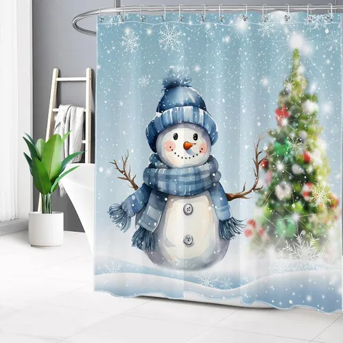 Vista 12 de EOBTAIN Cortina de ducha de muñeco de nieve azul de invierno para baño, árbol de Navidad y copo de nieve en la escena de la nieve, cortina de ducha