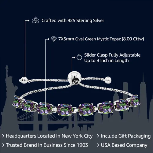 Vista 142 de Gem Stone King Pulsera de plata de ley 925 con piedra natal ovalada de 0.276 x 0.197 in para mujer, totalmente ajustable hasta 9 pulgadas