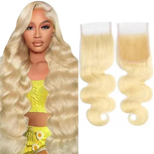 Vista 23 de QTHAIR Extensiones de cabello humano brasileño ondulado de grado 18A #613 con cierre de encaje HD 4x4