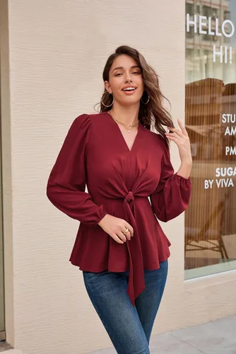 Vista 3 de GRACE KARIN 2024 - Blusa elegante de manga corta acampanada con cuello en V y lazo frontal para mujer