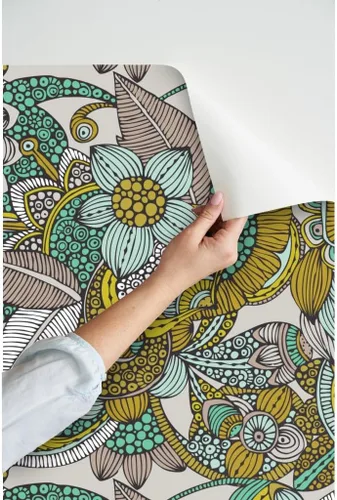 Vista 3 de Muestras de papel tapiz para despegar y pegar, mostaza, menta, flores, garabatos, líneas, puntos, círculos, estilo vintage, bohemio, papel tapiz