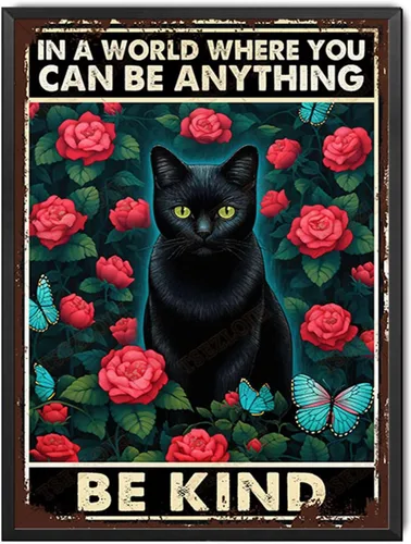 Vista 13 de TSEZLOJH Letrero de metal con diseño de gato negro en un mundo donde puedes ser cualquier cosa ser amable para decoración del hogar, 8 x 12 pulgadas