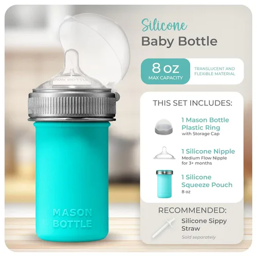 Vista 2 de Mason Bottle Biberón de silicona de 8 onzas con pezón de flujo medio (3 meses o más), biberón de lactancia, bolsa de silicona reutilizable