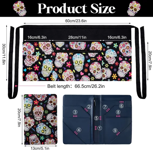 Vista 3 de Jetec 2 Pcs Waist Apron with 6 Pockets and Leather Server Book for Waitress Patterned Server Half Apron with Zipper for Women