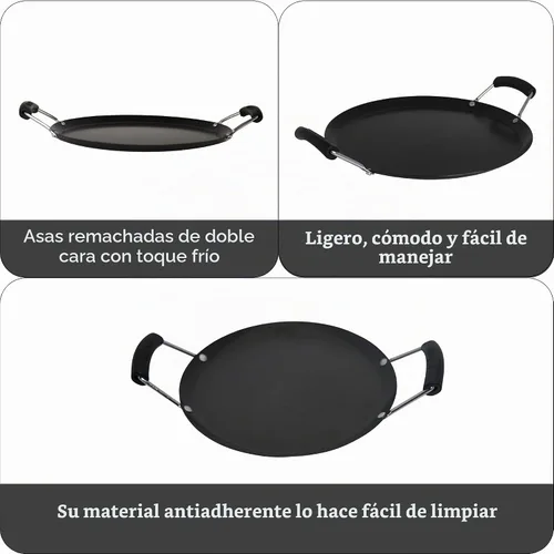Vista 2 de IMUSA USA, Comal Grande Redondo de Acero al Carbono Negro con Asas de Baquelita, 14" Revestimiento de superficie antiadherente, asas de baquelita