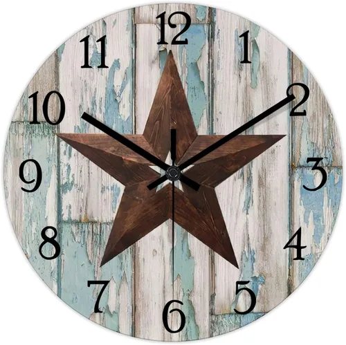 Vista 8 de Reloj de pared vintage con estrella de Texas occidental de madera rústica, sin tictac, silencioso, funciona con pilas, fácil de leer, elegante reloj