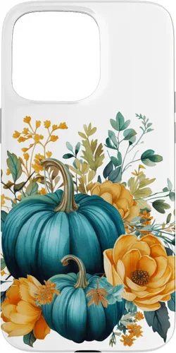 Vista 28 de iPhone 16 Teal Autumn Pumpkin Floral Fall Harvest Foliage Case