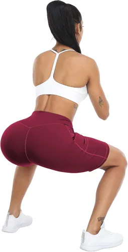 Vista 5 de WHOUARE Paquete de 4 pantalones cortos de yoga con bolsillos para mujer, cintura alta, atléticos, correr, entrenamiento, gimnasio, control de abdomen