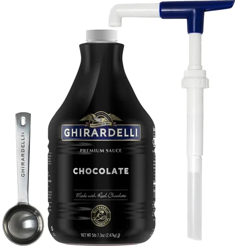 Vista 13 de Ghirardelli Salsa de caramelo, botella de 87.3 onzas (5 libras 7.3 onzas) con cuchara y bomba de barista estampada Ghirardelli