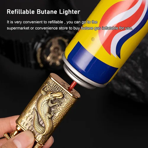 Vista 3 de Encendedor de antorcha, diseño de cocodrilo en relieve, encendedor mágico de doble llama con herramienta de llama de ajuste, encendedores de butano