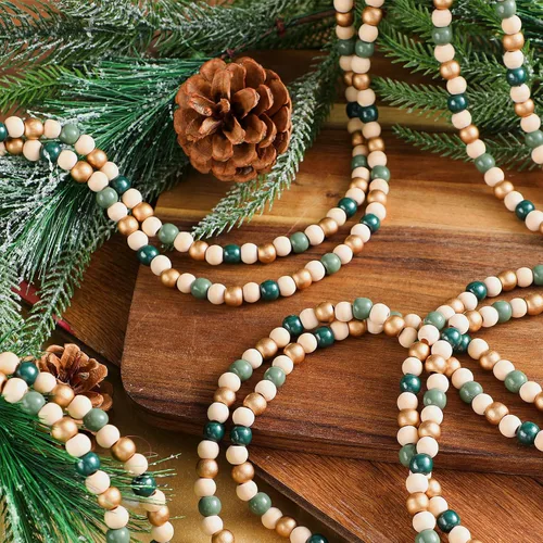 Vista 6 de WILLBOND Guirnalda de cuentas de madera de Navidad de 16 pies para árbol de Navidad, decoración de vacaciones (verde salvia)