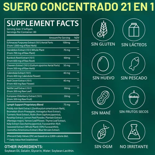 Vista 8 de Suplementos de drenaje linfático: equinácea, diente de león, raíz de bardana, complejo botánico 21 en 1 para el sistema linfático, equilibrio
