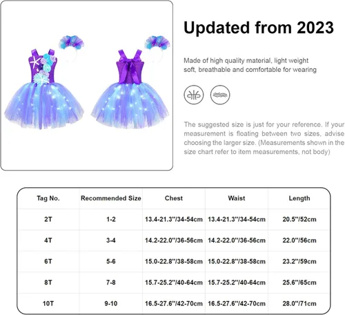 Vista 7 de MSemis Disfraz de sirena para niñas pequeñas, tutú con luz LED, vestido de baile de princesaHalloween