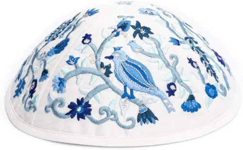 Vista 4 de Yair Emanuel Kipá Yarmulkes & Sombrero Yemenita Judaica Bordado Kipá Azul Flores y Pájaros (Paquete)