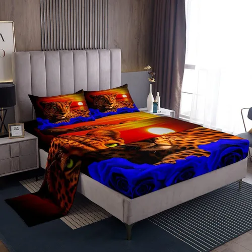 Vista 36 de Erosebridal Sábanas de cama de guepardo con rosa roja, juego de sábanas de bolsillo profundo con estampado de leopardo y gato, sábana bajera