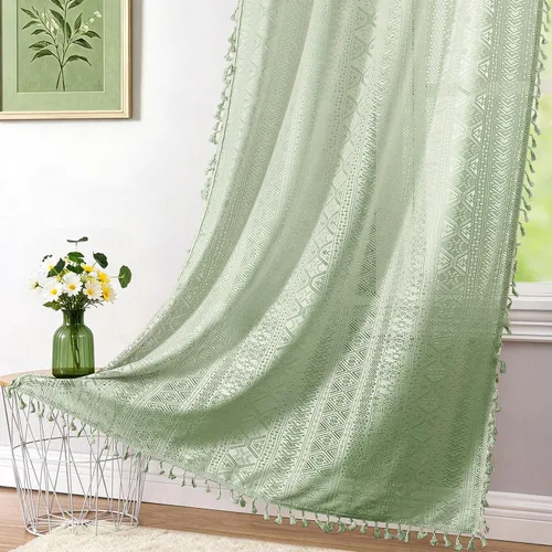 Vista 10 de Cortinas de encaje transparente con borlas de lino bohemio beige, elegante geometría de ganchillo, bolsillo para barra, cortinas de ventana