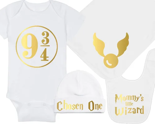 Vista 25 de Sombrero de bebé Wizard - Chosen One (tela negra - diseño dorado)