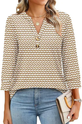 Vista 3 de OFEEFAN - Camisetas de manga 3/4 estilo Henley para mujer, blusas de moda de otoño 2025, atuendos escolares para maestras Raya