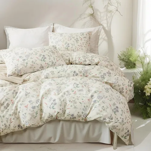 Vista 29 de EAVD Elegante funda de edredón floral pequeña, tamaño individual, suave, 100% algodón, con estampado floral pequeño, con 2 fundas de almohada