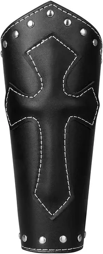 Vista 2 de JAOYU Brazaletes de cuero para hombre, armadura de brazo, brazalete de guantelete, brazaletes medievales, joyería vikinga para mujer, disfraz